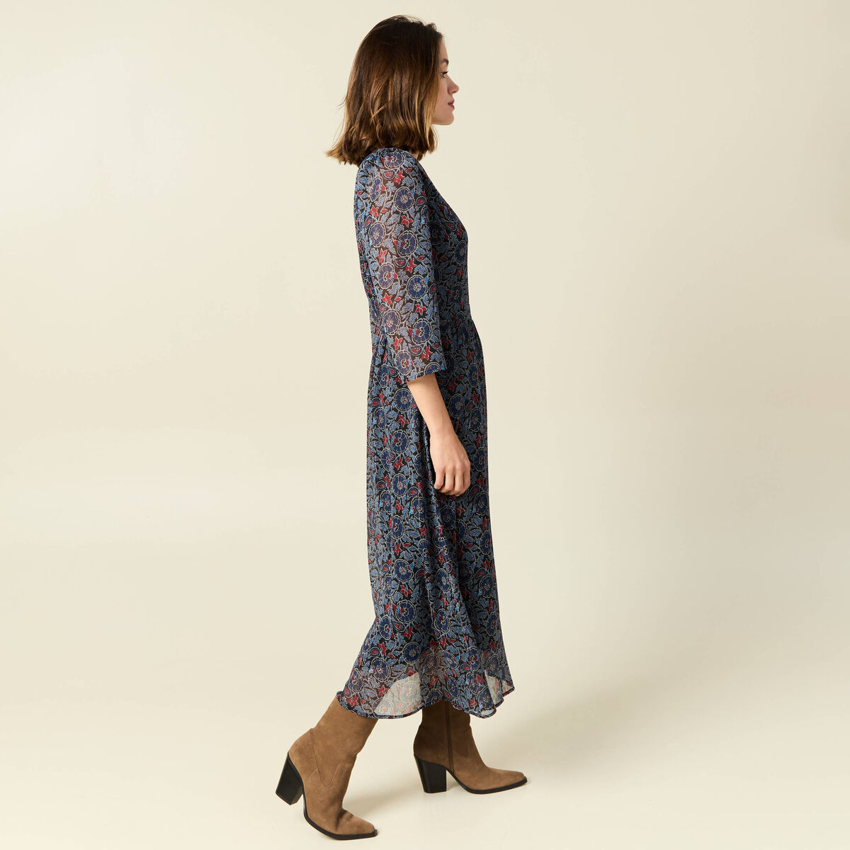 Robe longue évasée col en V noir femme