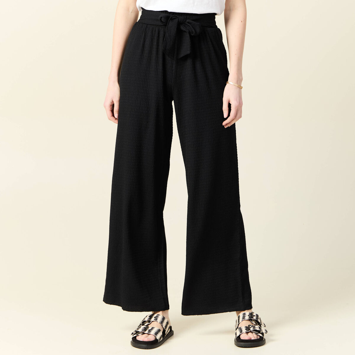 Pantalon large fluide noeud noir femme