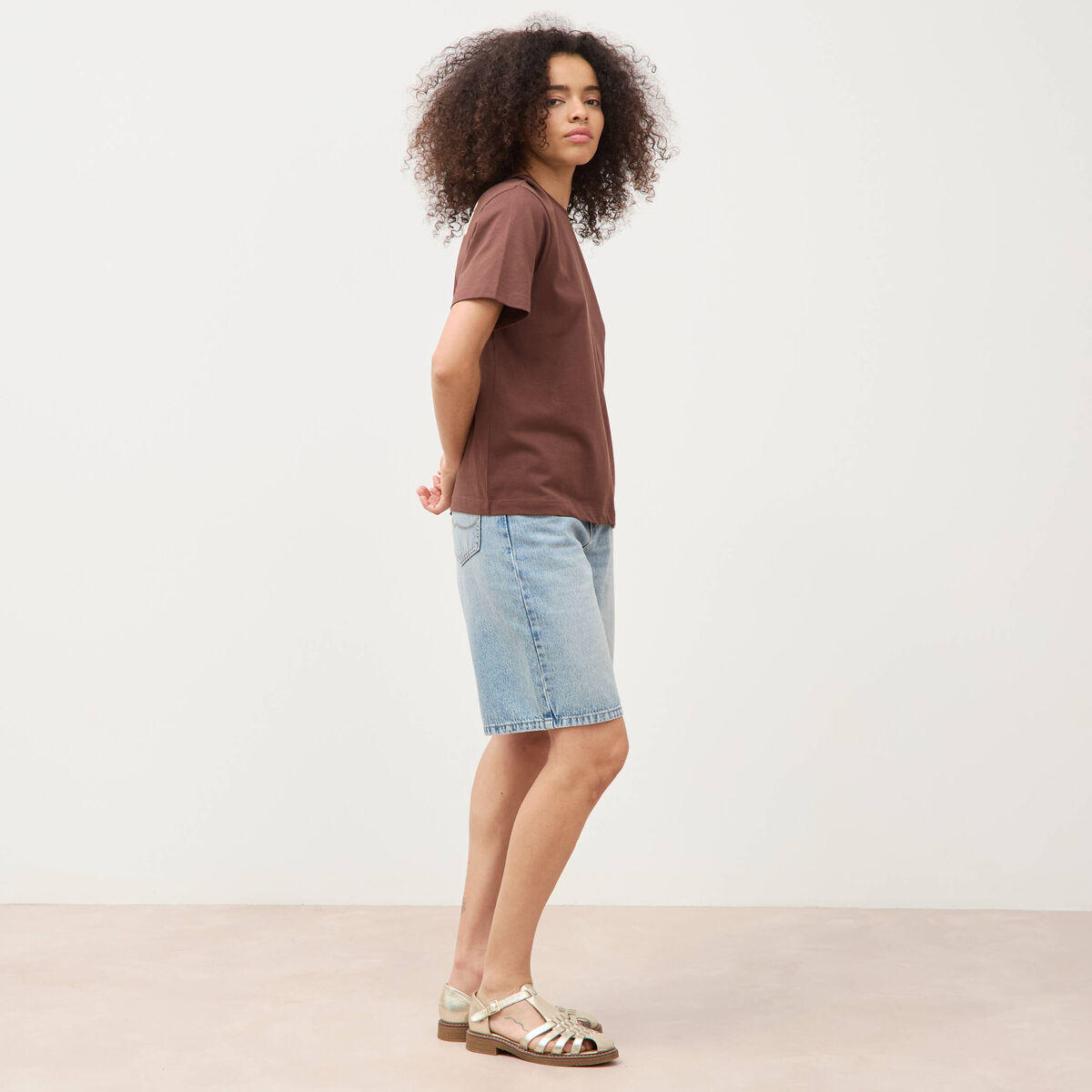 T-shirt droit en coton manches courtes marron cognac femme