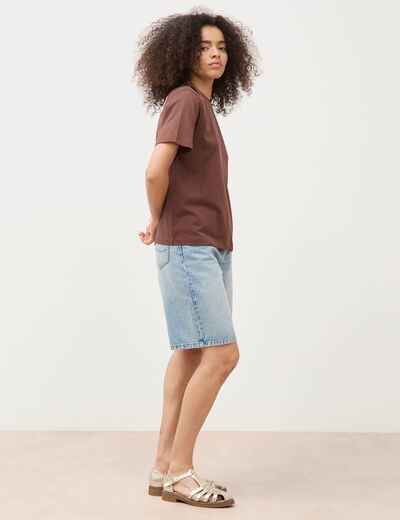 T-shirt droit en coton manches courtes marron cognac femme