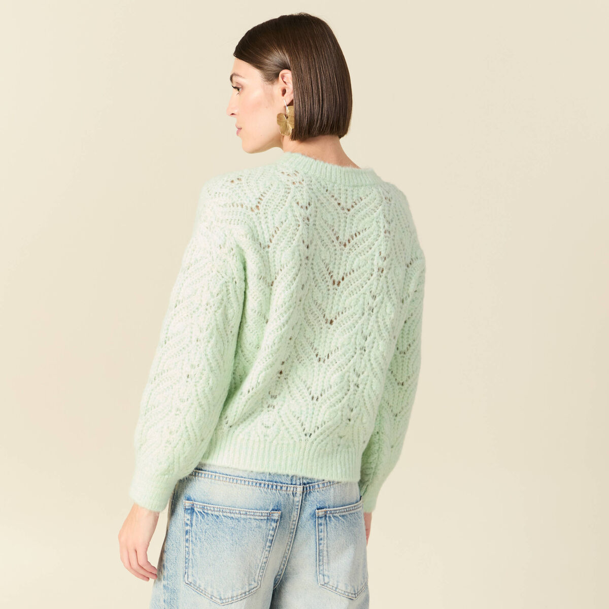 Pull ajour&eacute; droit court manches longues vert pastel femme