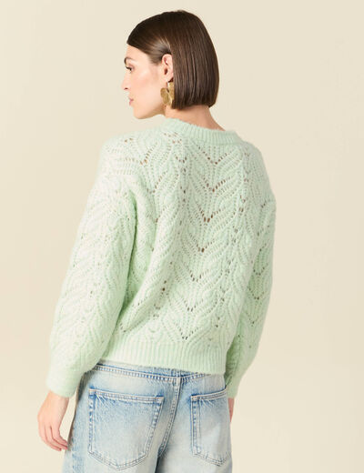 Pull ajour&eacute; droit court manches longues vert pastel femme
