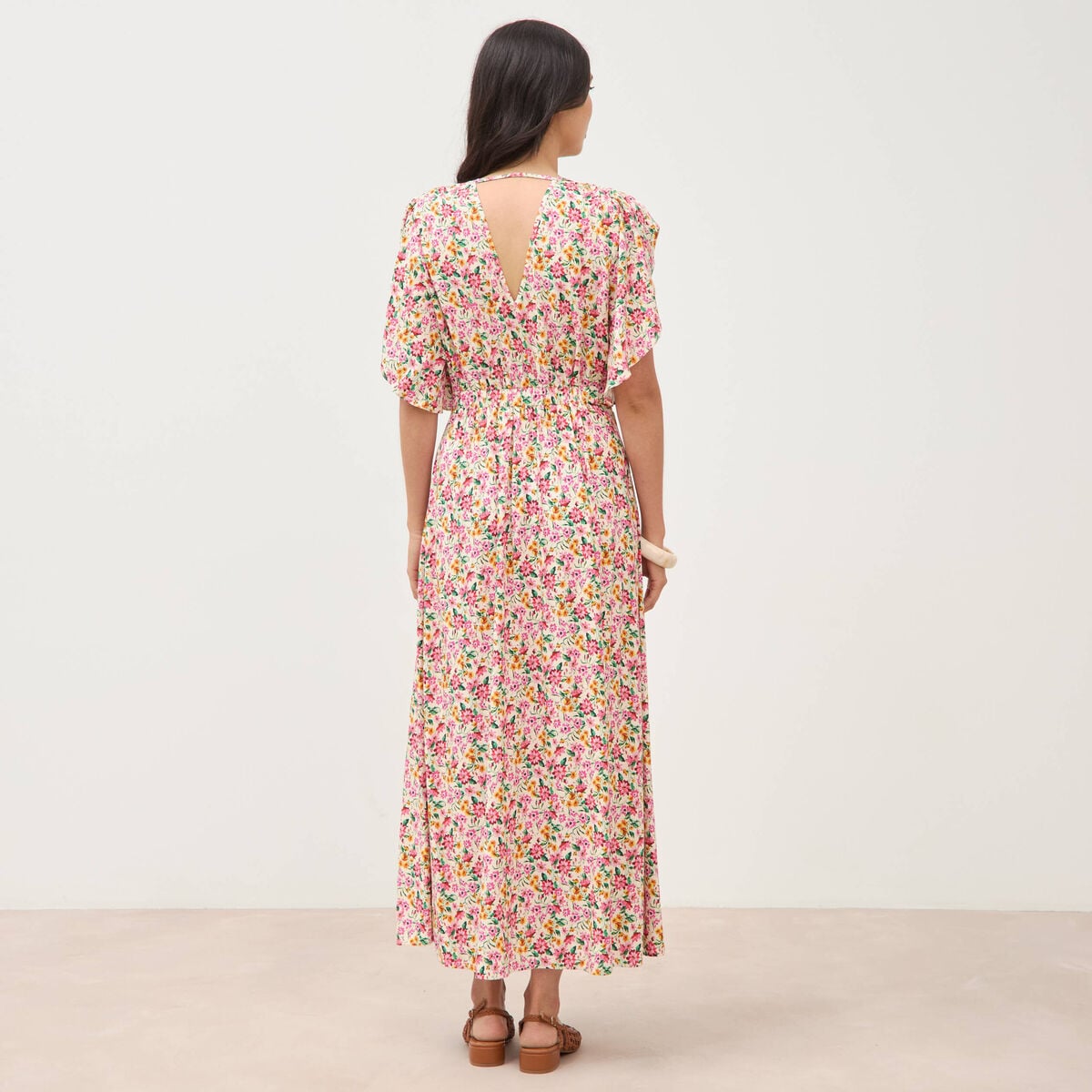 Robe fluide col v manches courtes multicolore femme