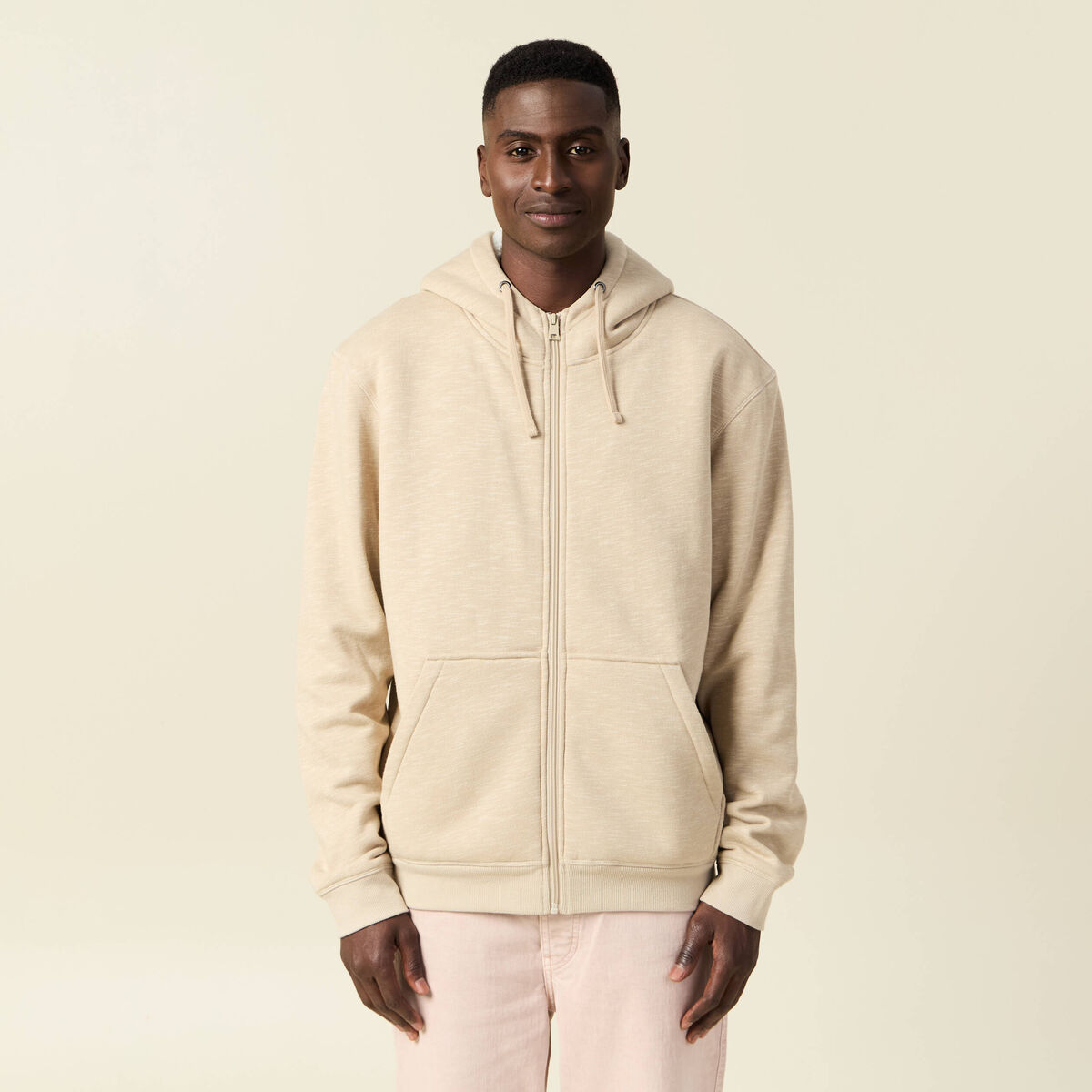 Sweat manches longues zipp&eacute; beige homme