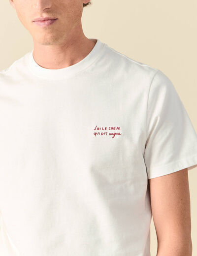 T-shirt col rond manches courtes brod&eacute; ecru homme
