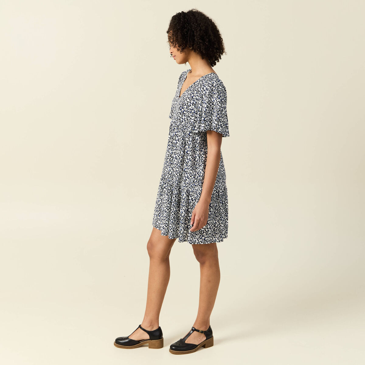 Robe évasée manches courtes bleu femme
