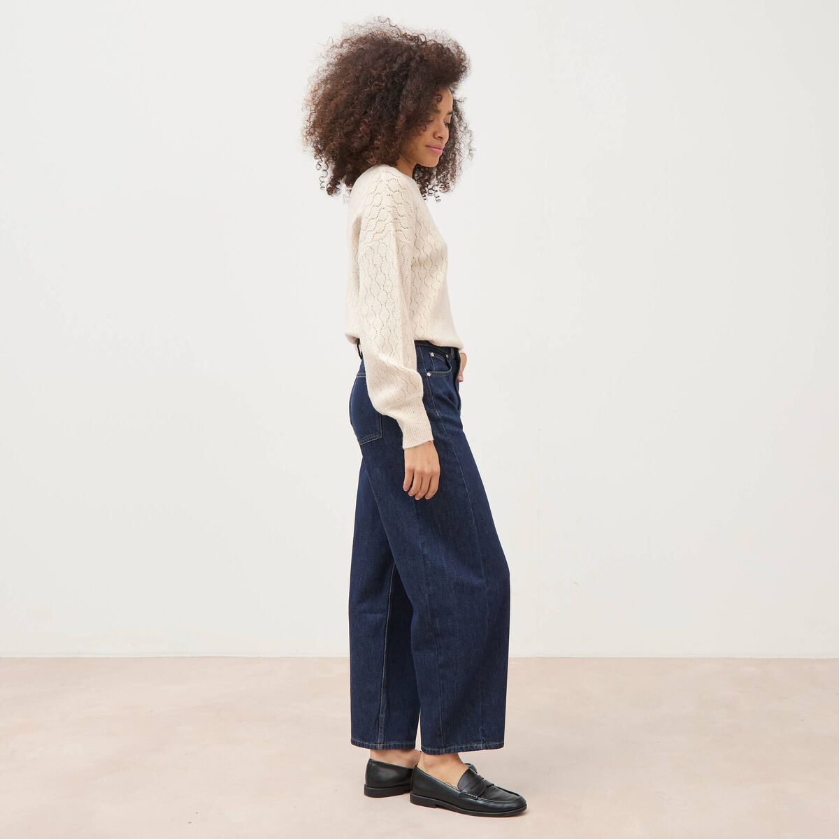 Jeans barrel taille haute broderie denim brut clean femme