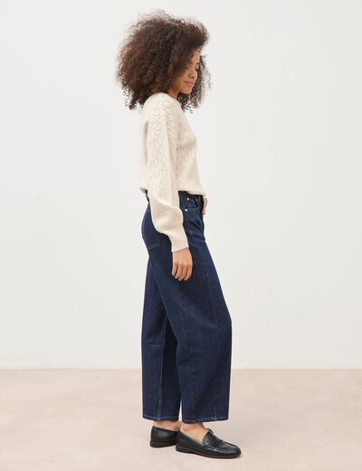Jeans barrel taille haute broderie denim brut clean femme