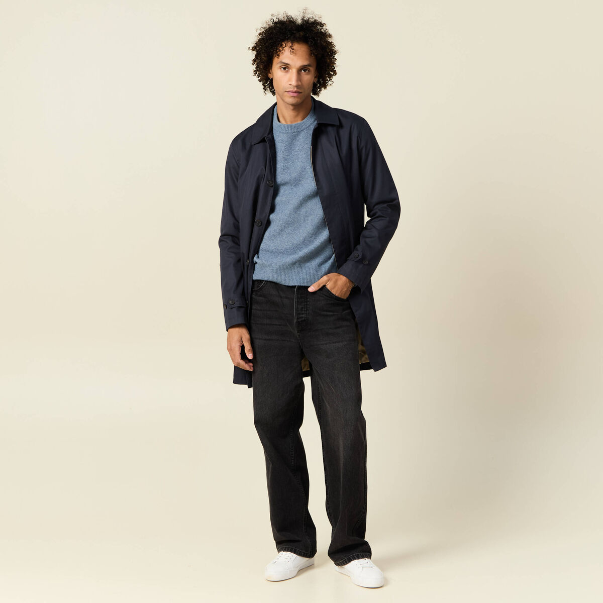 Pull manches longues col rond bleu gris homme