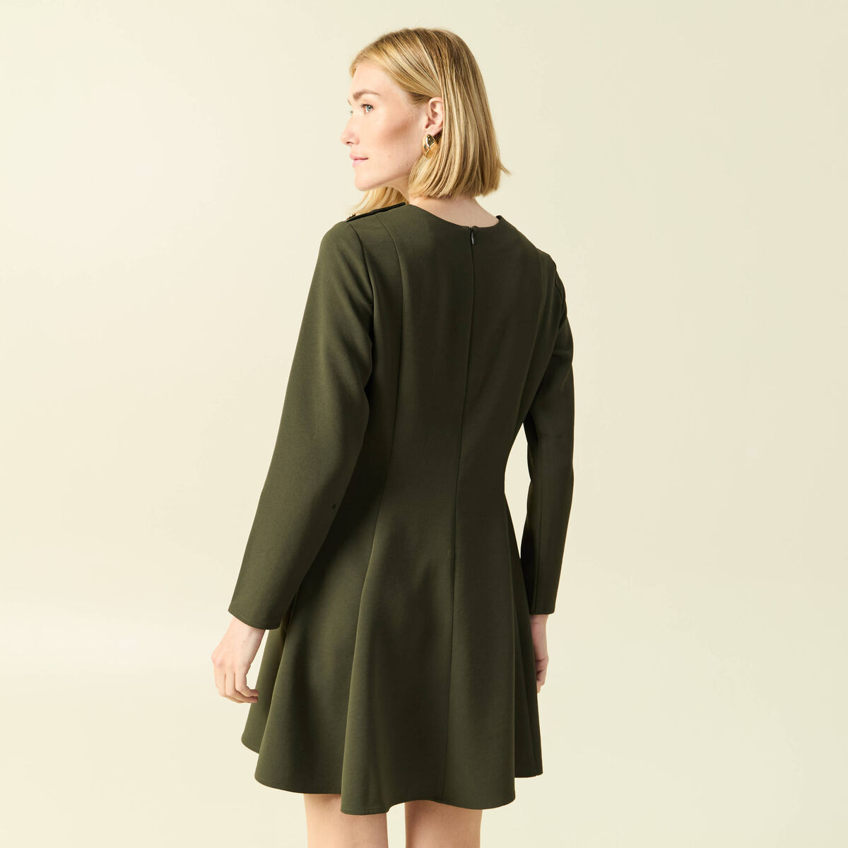 Robe fluide manches longues col rond vert kaki femme