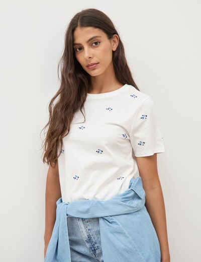 T-shirt droit col rond brod&eacute; en coton ivoire femme