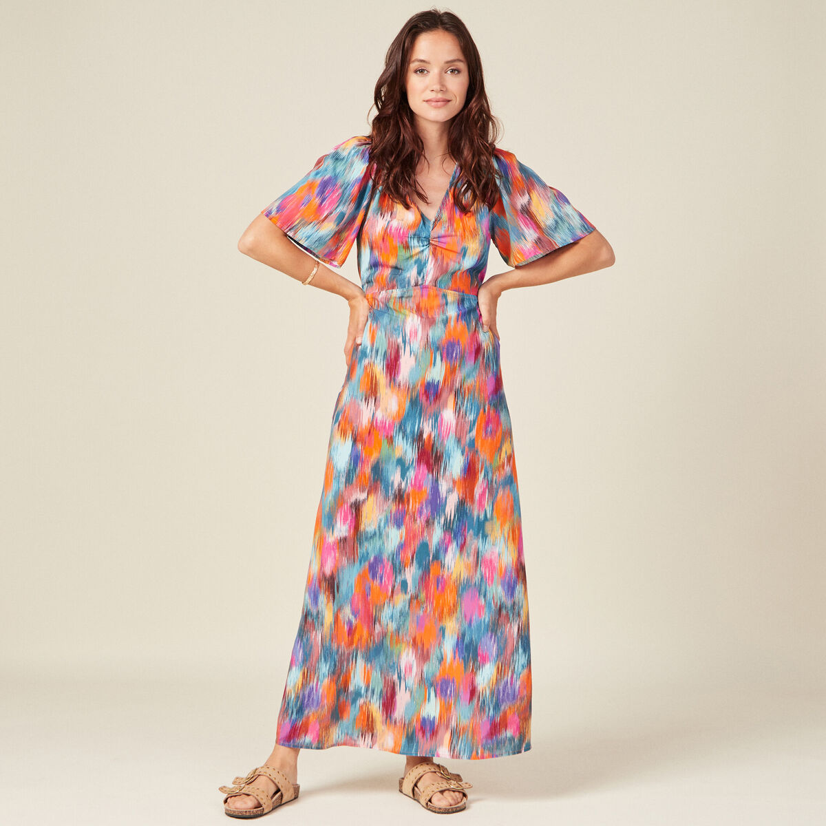 Robe longue droite fluide multicolore femme