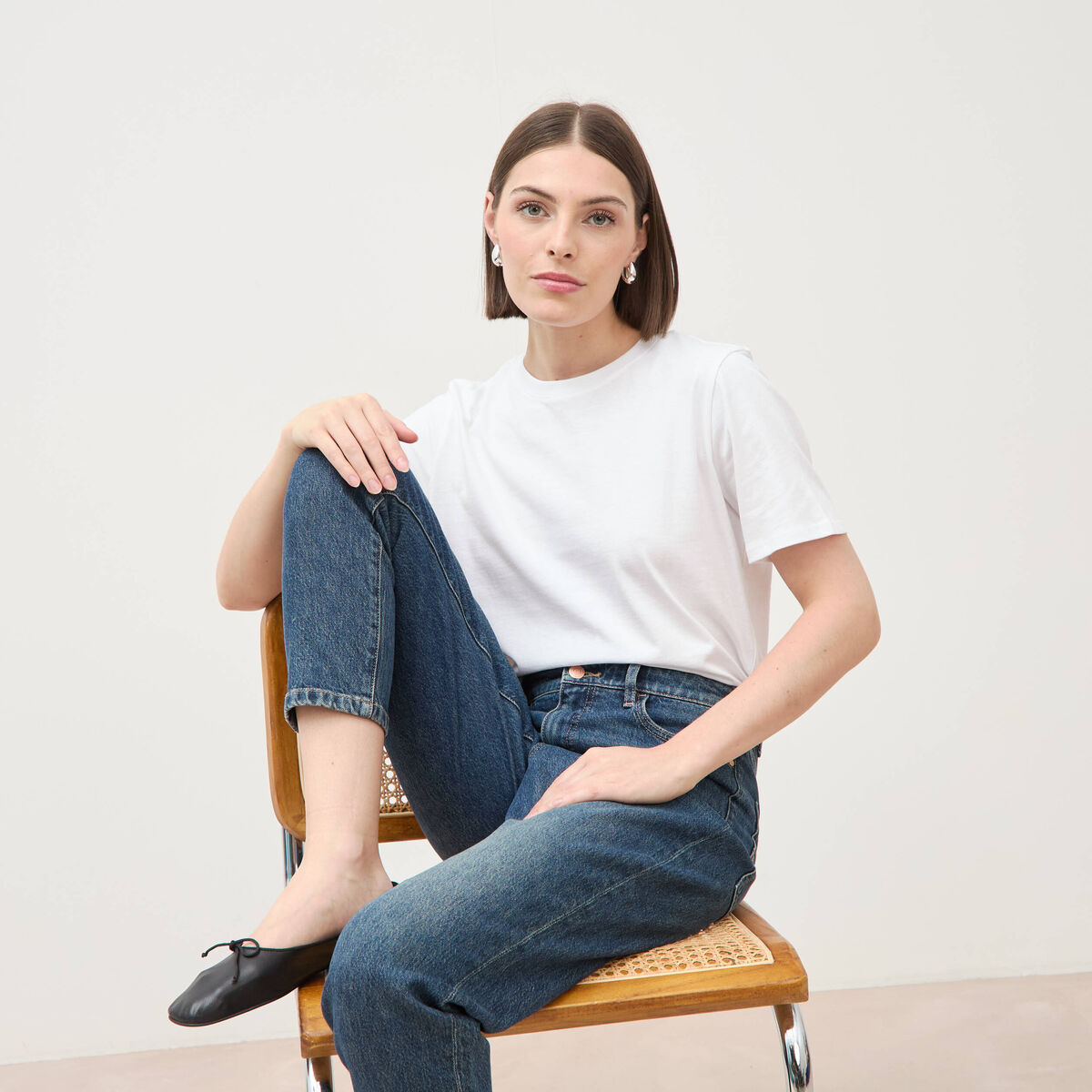 T-shirt droit col rond manches courtes blanc femme