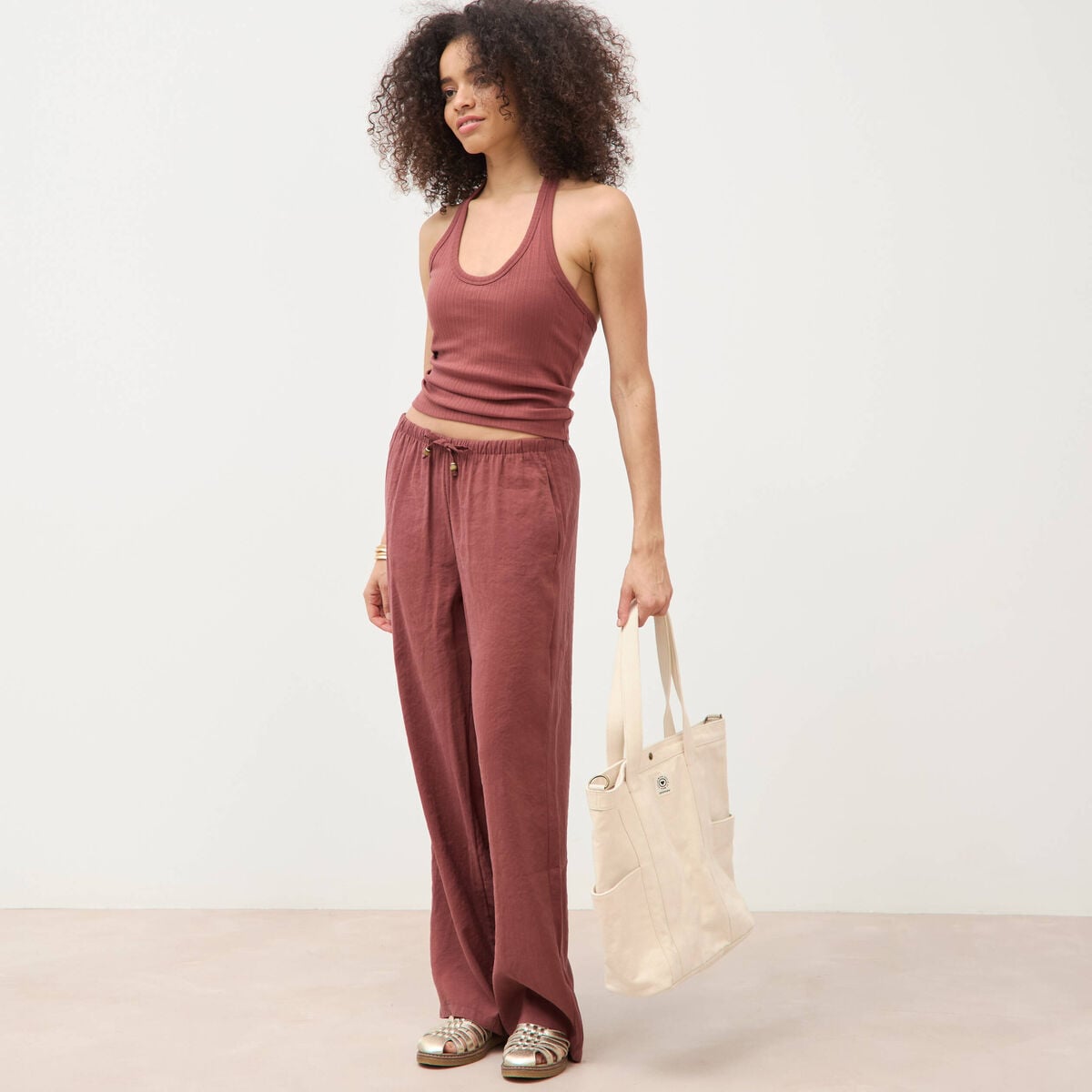 Pantalon large taille standard fluide marron cognac femme