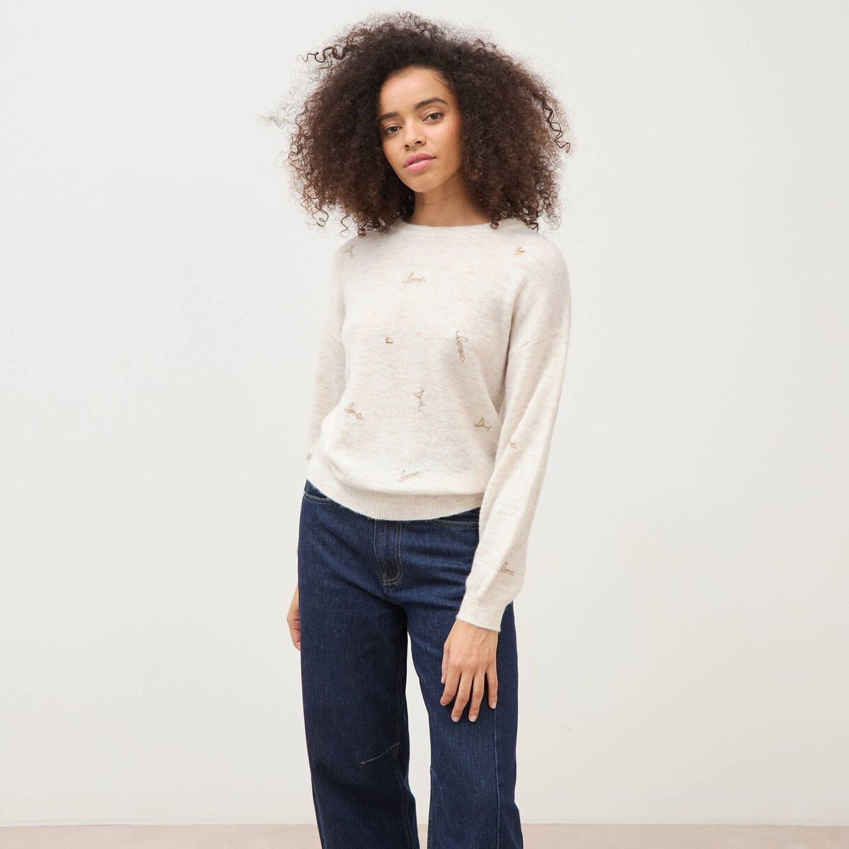 Pull droit brod&eacute; manches longues creme femme