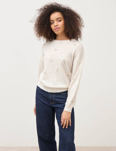 Pull droit brod&eacute; manches longues creme femme