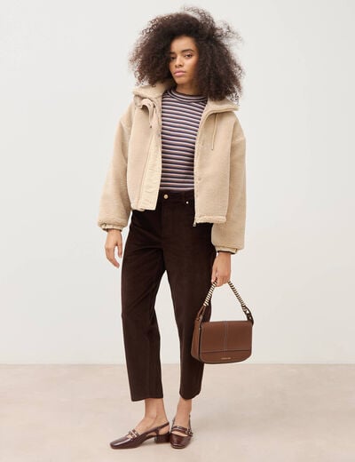 Body ray&eacute; col montant manches longues marron femme