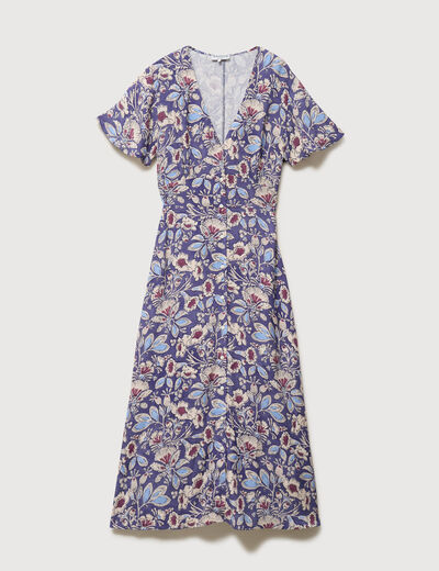 Robe droite 3/4 col v manches courtes bleu femme