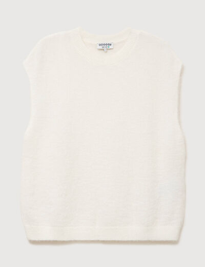 Pull droit court sans manches col rond ecru femme