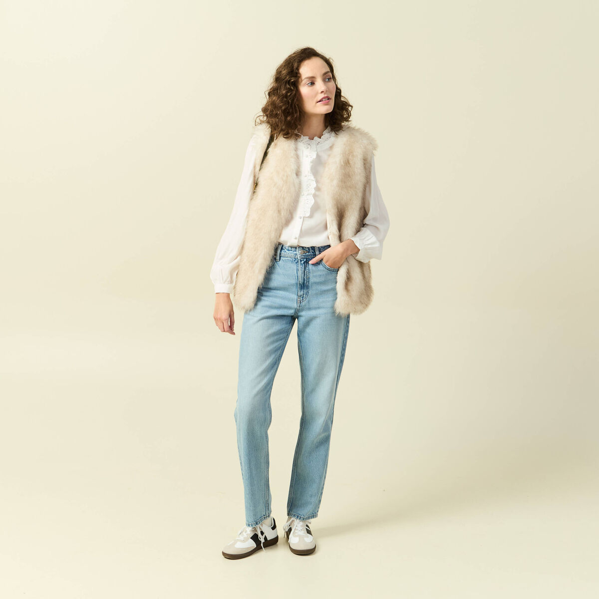 Gilet col tailleur manches longues creme femme