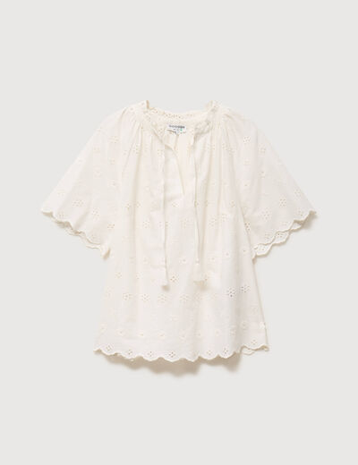 Blouse col v manches 3/4 en coton brod&eacute;e ecru femme