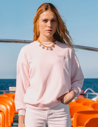 Sweat oversize manches longues brod&eacute; rose poudr&eacute;e femme