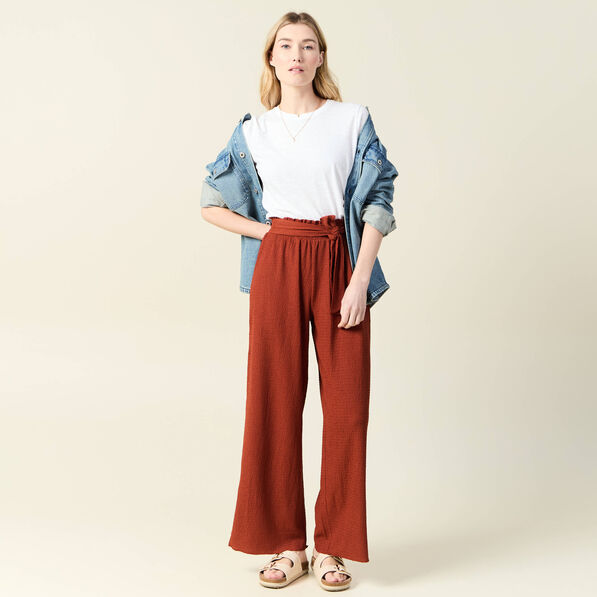 Pantalon large fluide noeud marron cognac femme