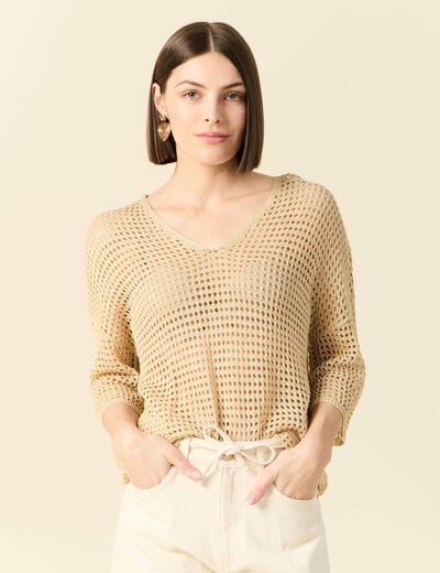 Pull manches courtes ajouré creme femme