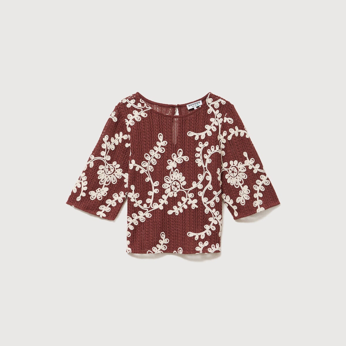 T-shirt brod&eacute; col rond manches 3/4 marron cognac femme
