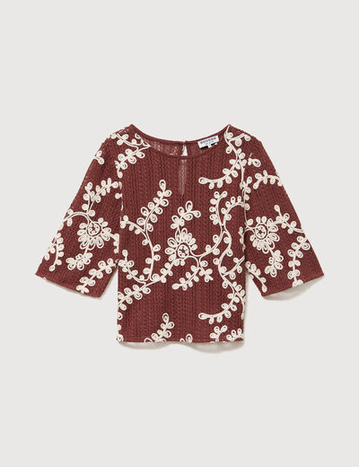 T-shirt brod&eacute; col rond manches 3/4 marron cognac femme