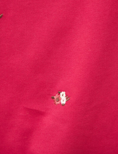 T-shirt droit col rond brod&eacute; en coton rouge clair femme