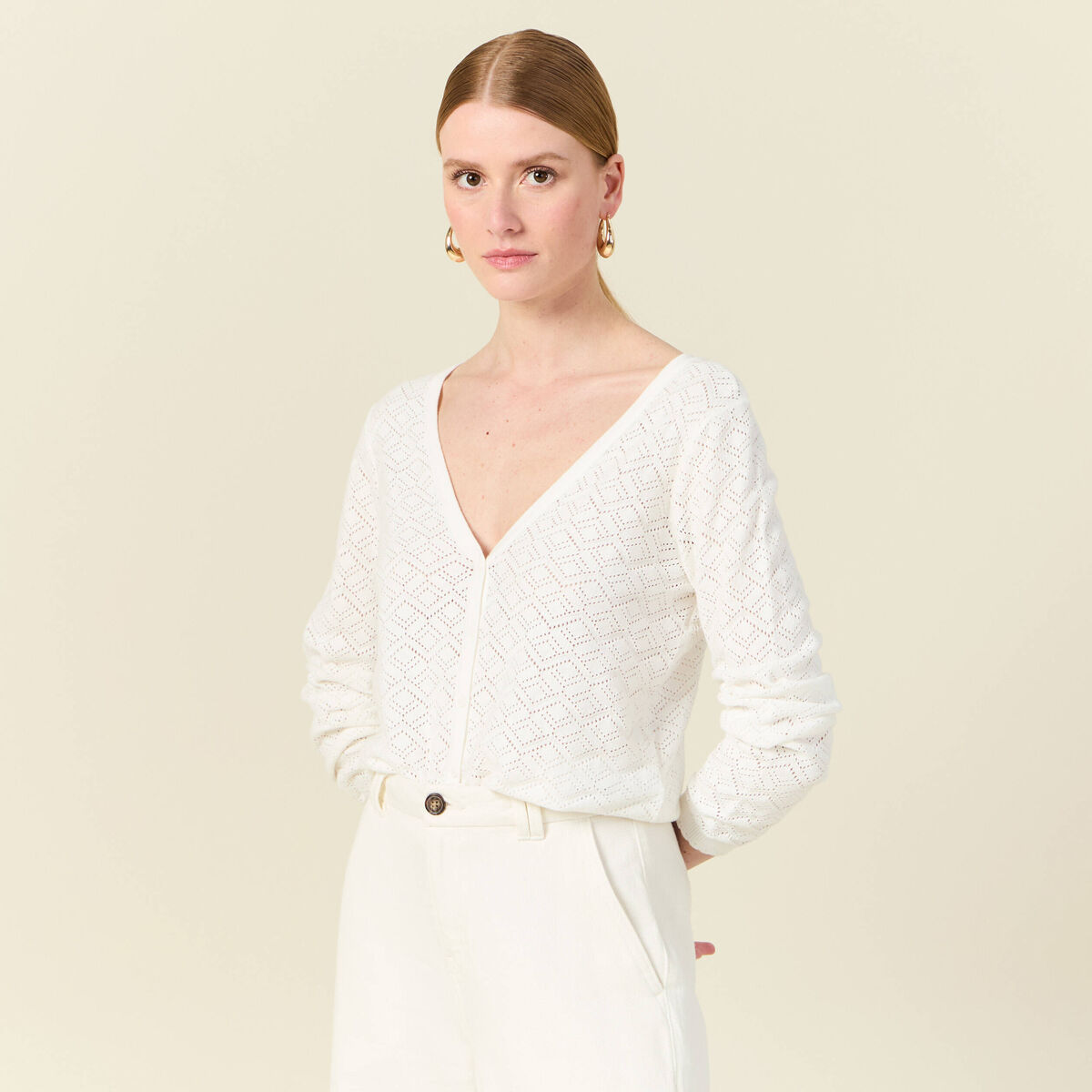 Gilet manches longues ajouré ecru femme
