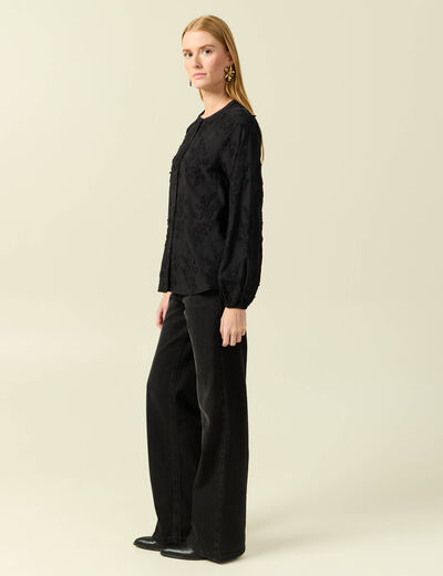 Chemise col rond manches longues brod&eacute;e noir femme