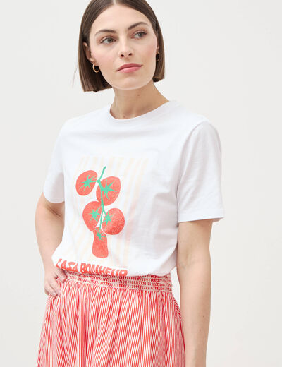 T-shirt &agrave; motif en coton manches courtes blanc femme