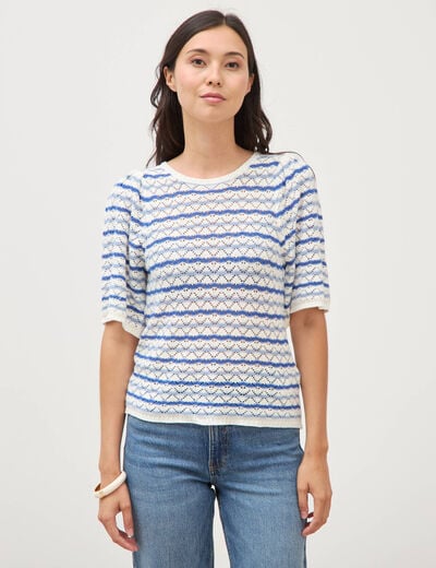 Pull col bateau manches courtes bleu femme
