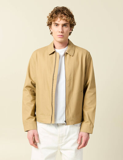 Blouson droit court en coton beige homme