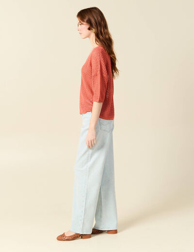 Pull ajour&eacute; col v manches 3/4 rouge fonc&eacute; femme