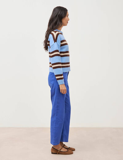 Pull droit manches longues col rond bleu femme