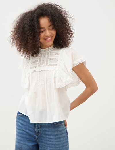 Blouse ample col montant manches courtes ecru femme
