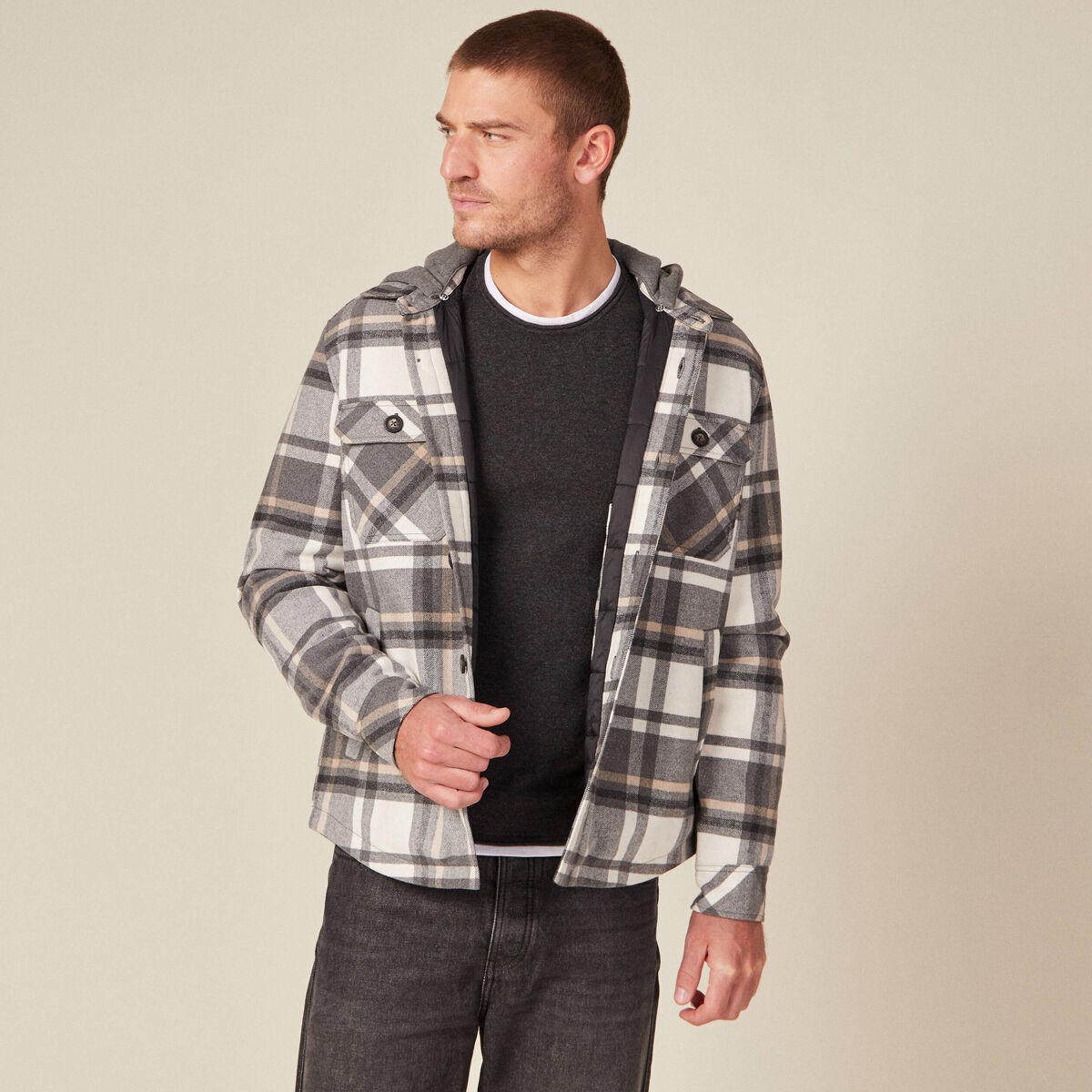 Surchemise &agrave; capuche manches longues gris fonc&eacute; homme