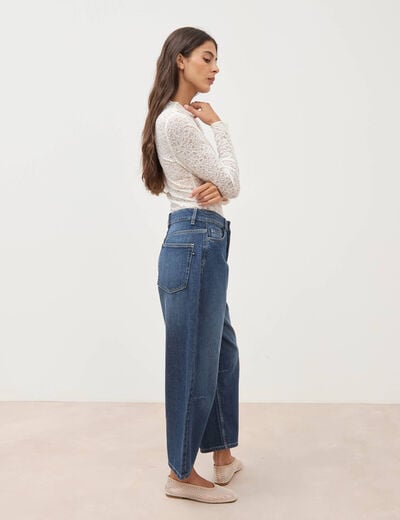 Jeans barrel 7/8&egrave;me taille standard denim brut clean femme