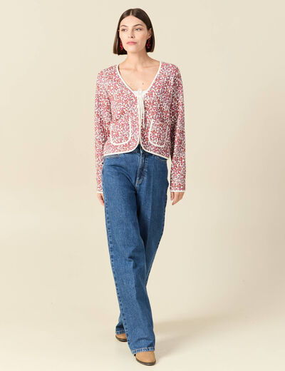 Cardigan droit court manches longues orange corail femme