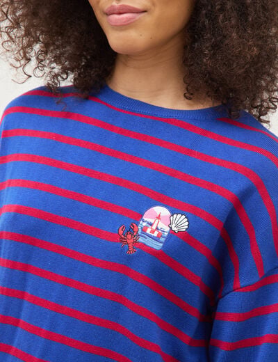 Pull manches longues col rond bleu roi femme