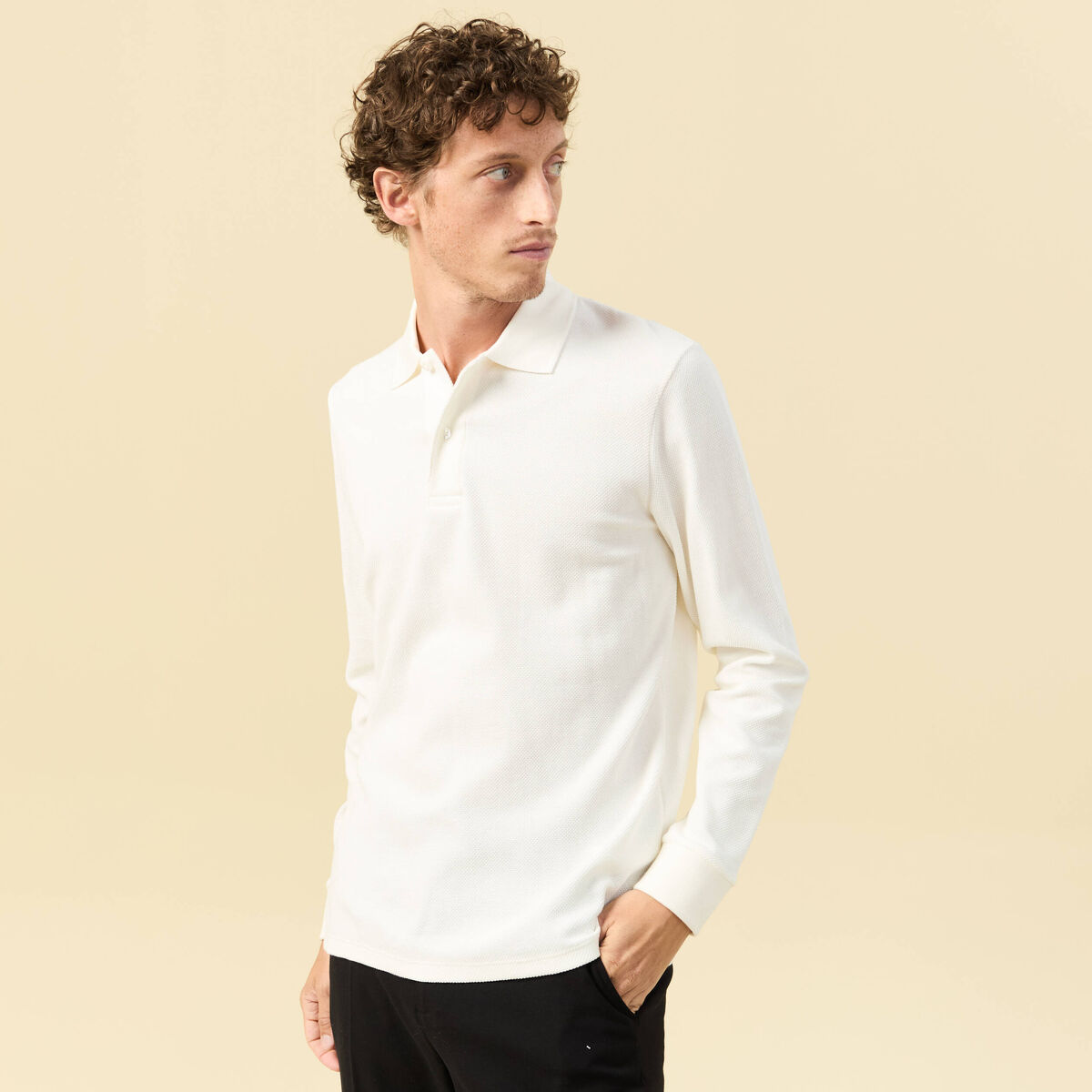 Polo manches longues en coton ecru homme