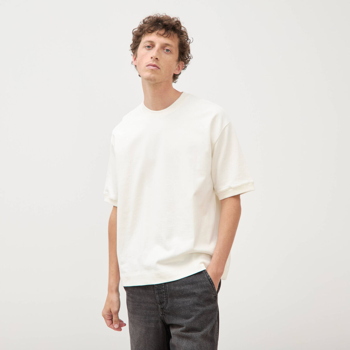 Sweat ample col rond manches courtes ecru homme