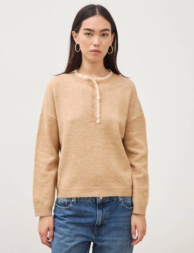 Pull col tunisien manches longues marron clair femme