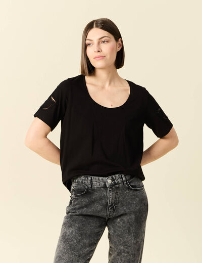 T-shirt manches courtes brodé noir femme