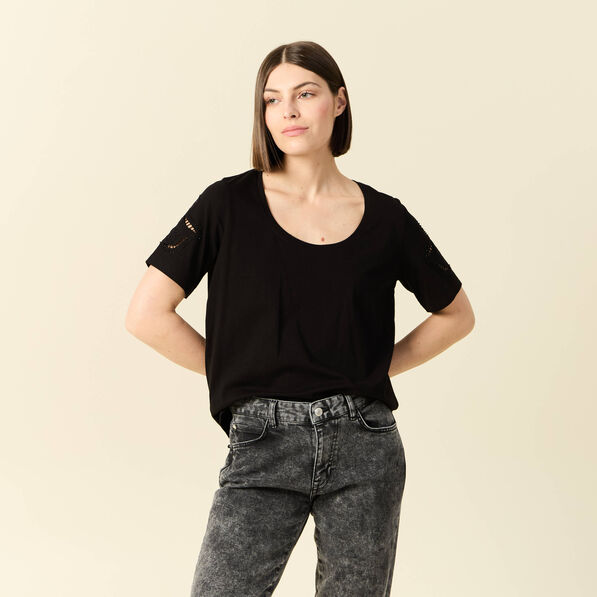 T-shirt manches courtes brodé noir femme