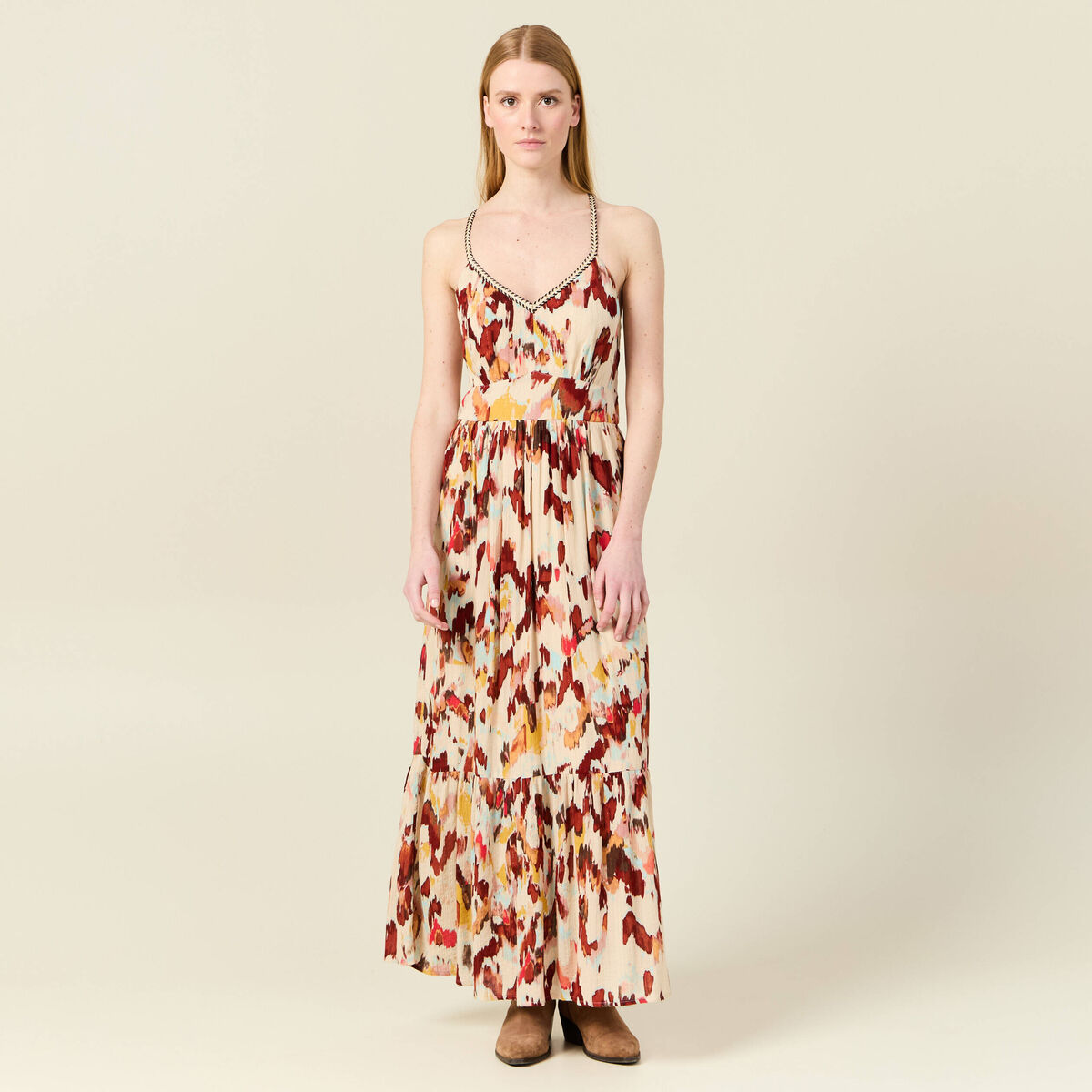 Robe longue évasée fluide sable femme