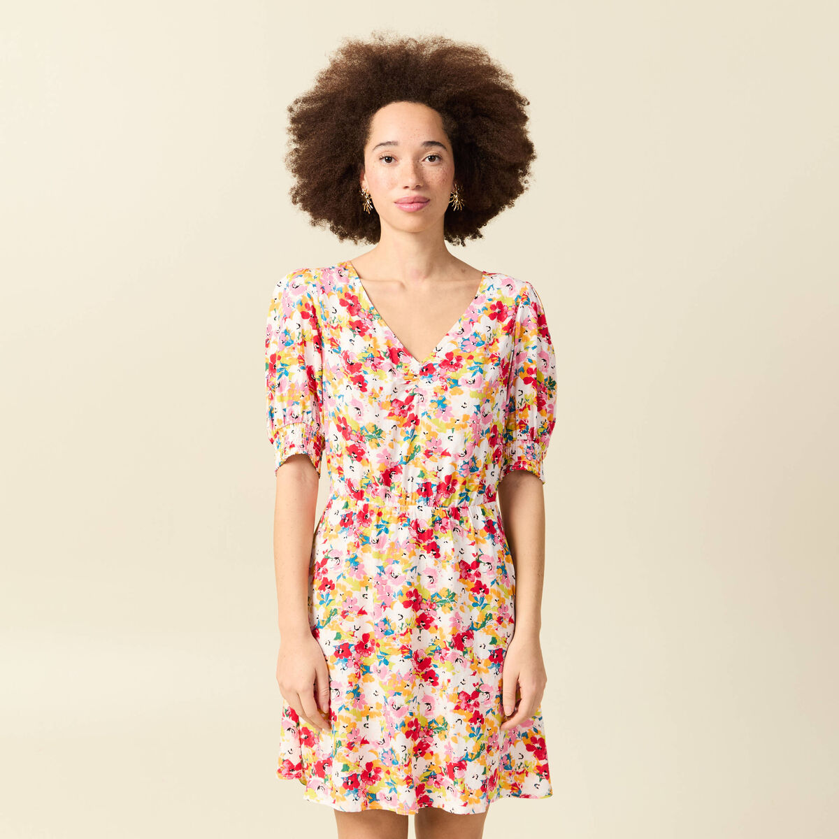 Robe fluide col v manches courtes rose framboise femme